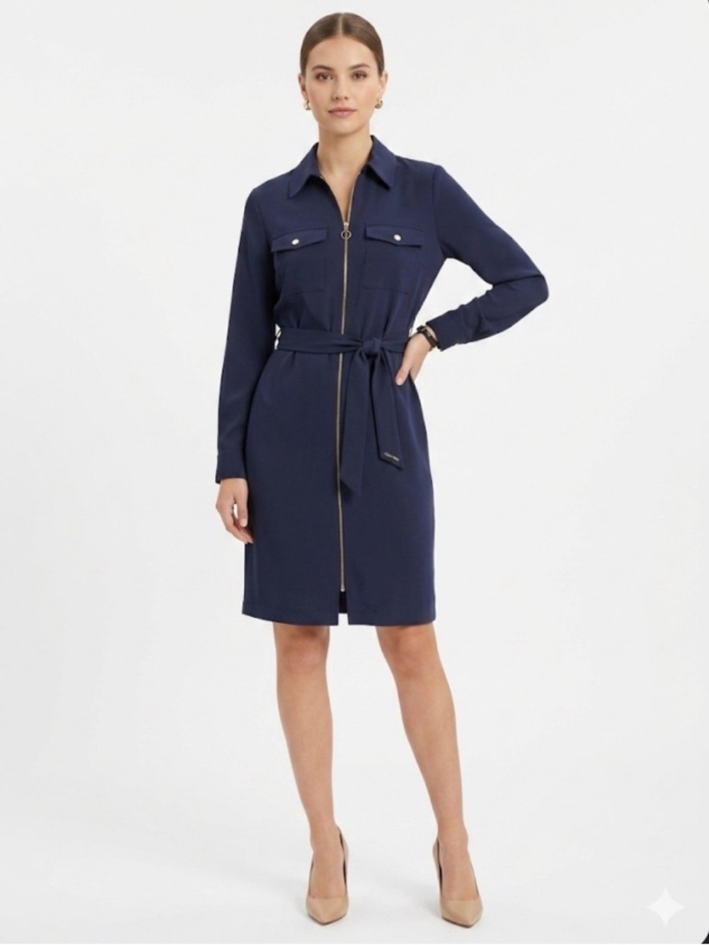 Calvin Klein Blue Cuffed Sleeve Shirt Dress